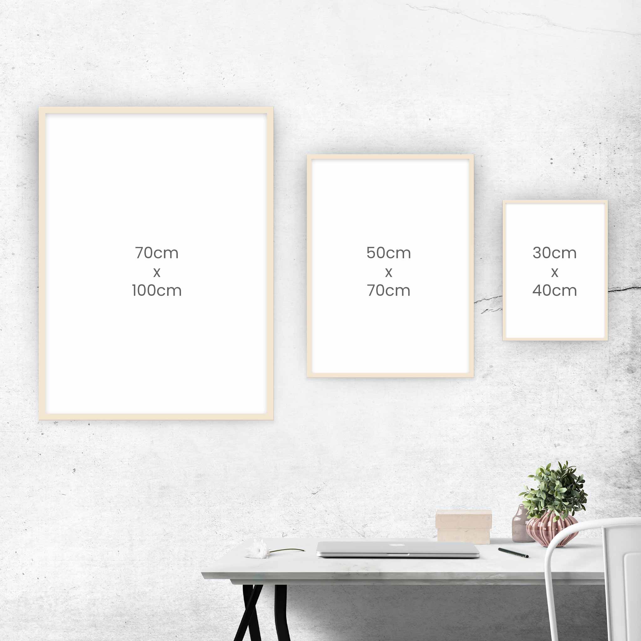 Tähtikartta-julisteen kokojen vertailu — A4, 30×40, 40×50 ja 50×70 cm